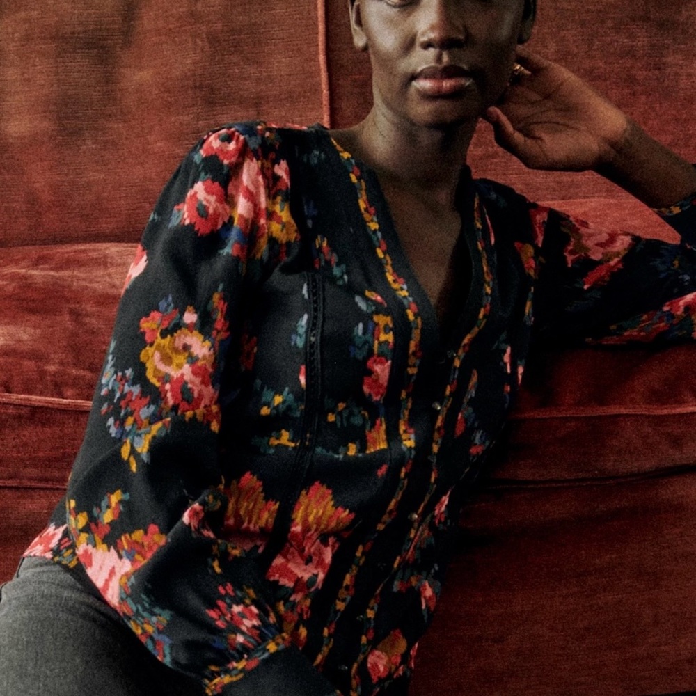 Sézane Telline Blouse Floral Black and Pink Women's Top